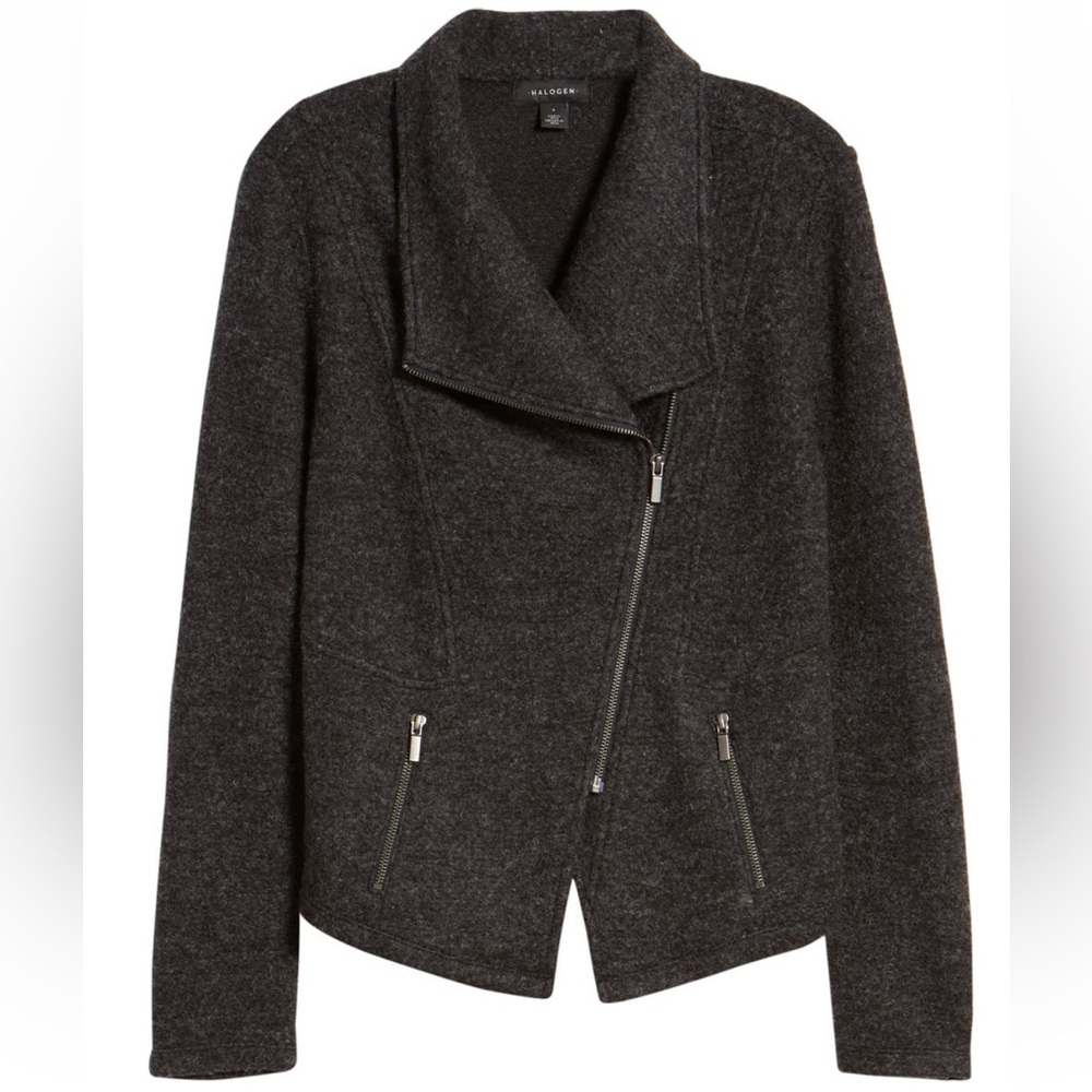 Halogen Knit Moto Jacket medium M black Sherpa teddy coat asymmetrical part wool